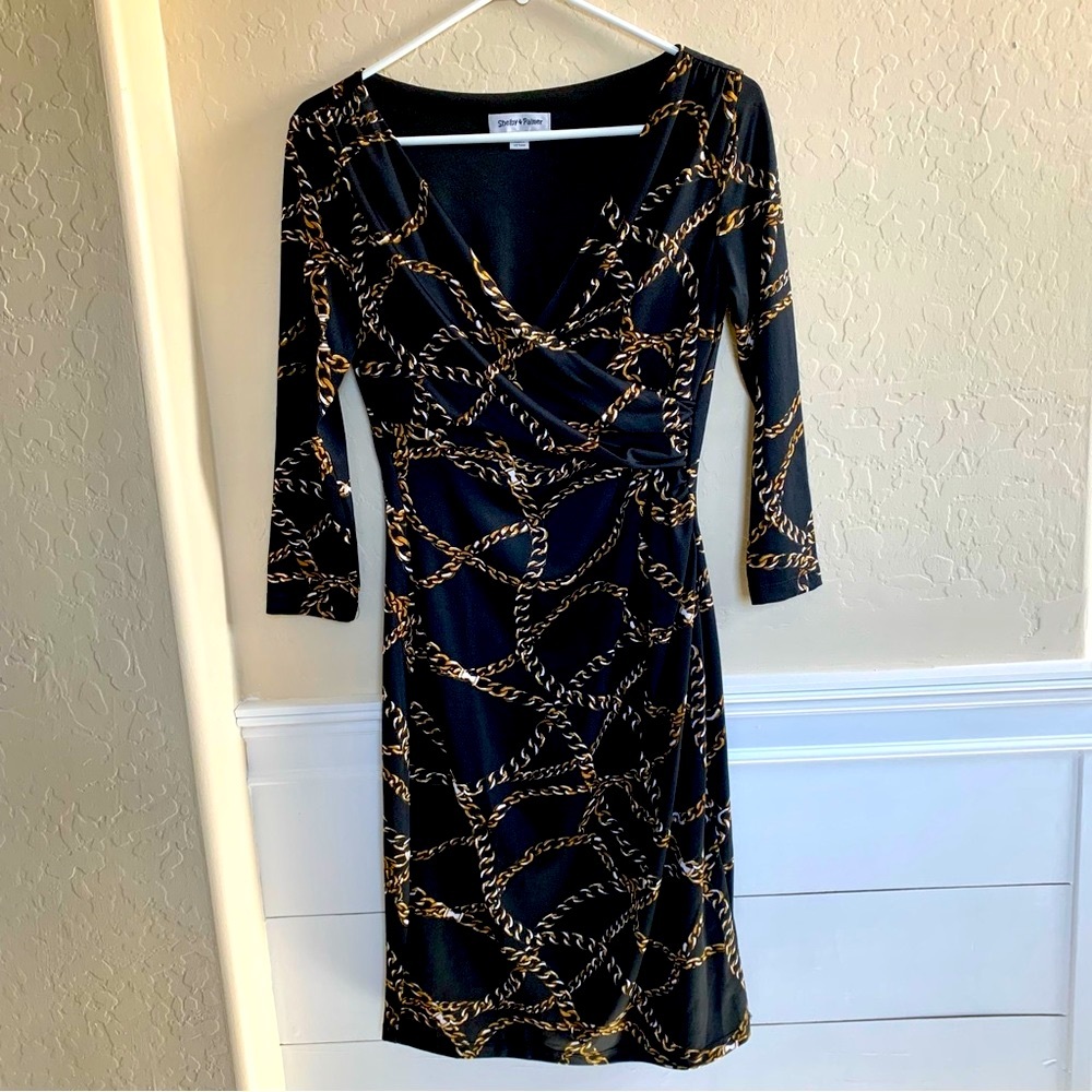 Shelby & Palmer long sleeve, faux wrap, V-neck dress with ruched waist